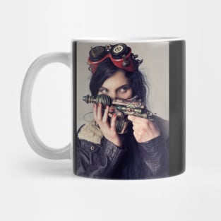 girl holds steampunk pistol Mug